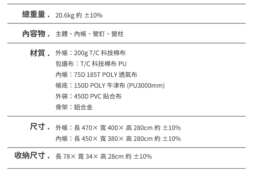 尺寸. 外帳長470寬400高280cm 約10%