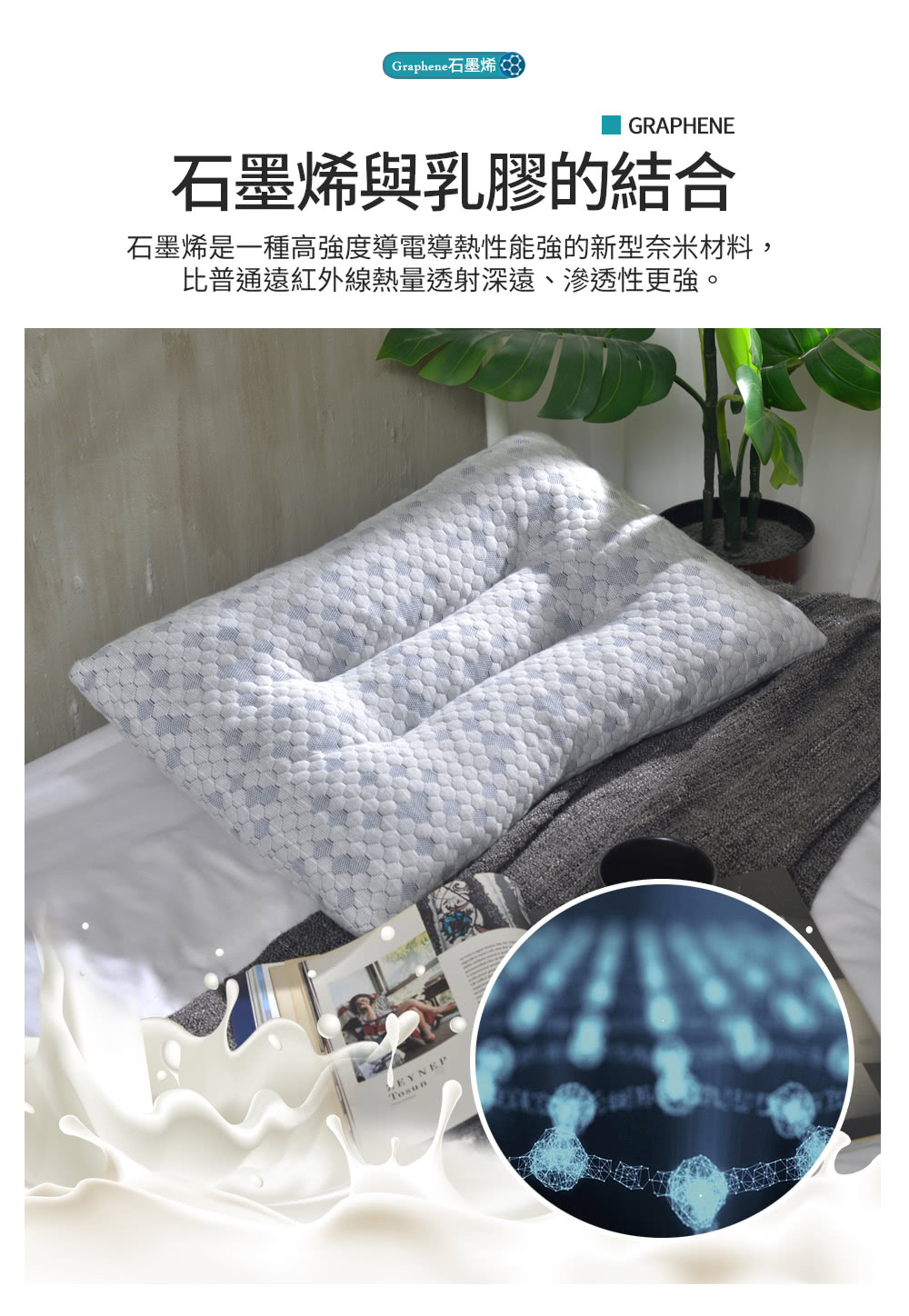 Graphene石墨烯8 石墨烯與乳膠的結合 石墨烯是一種高強度導電導熱性能強的新型奈米材料, 比普通遠紅外線熱量透射深遠、滲透性更強。 