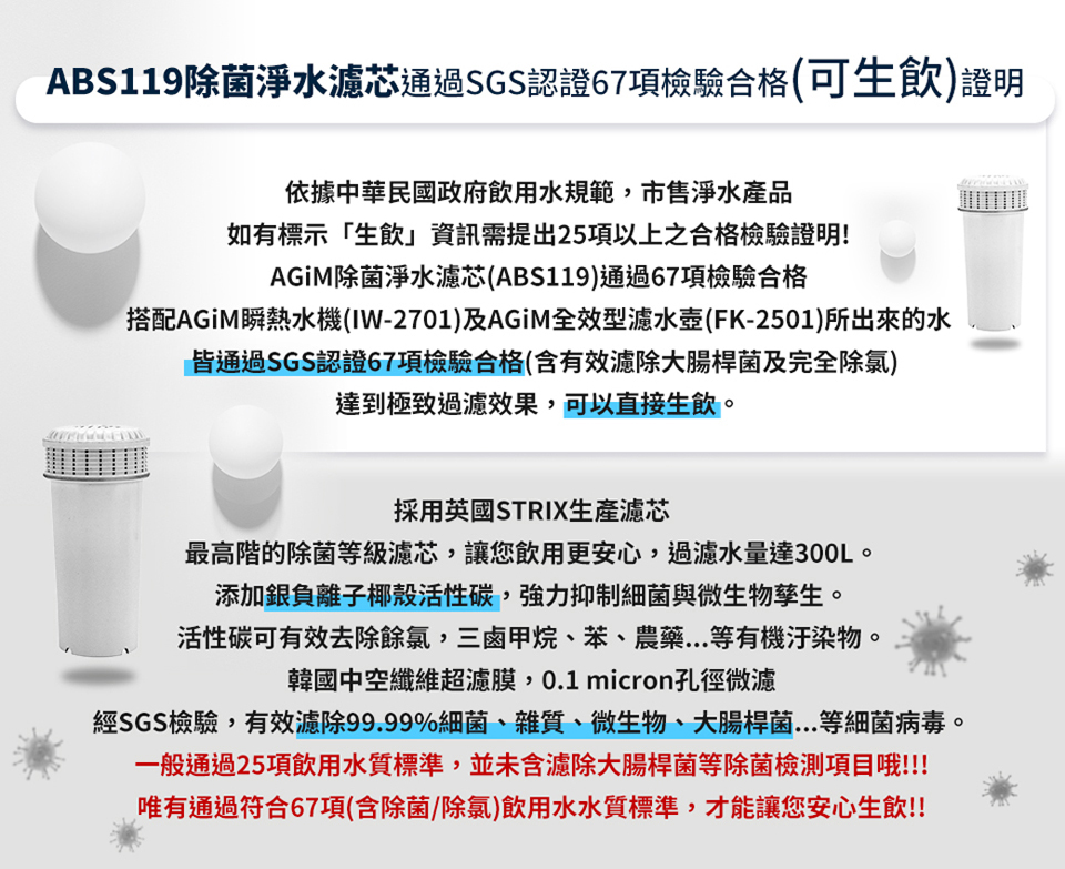 經SGS檢驗,有效濾除99.99%細菌、雜質、微生物、大腸桿菌...等細菌病毒。