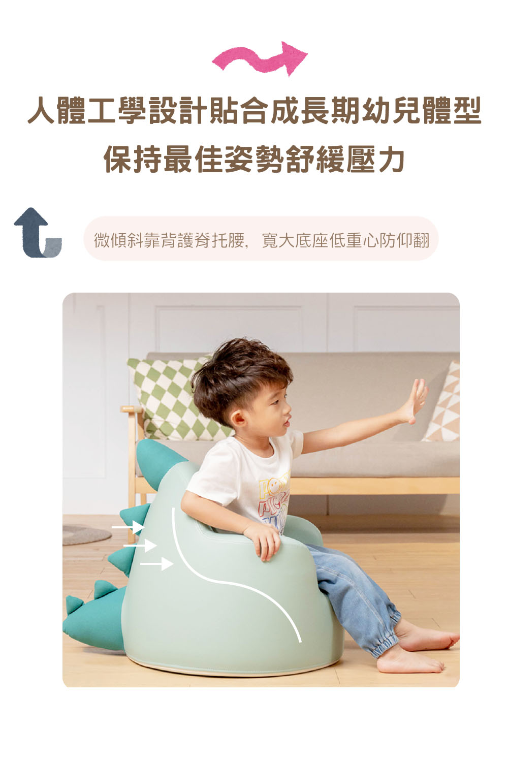 人體工學設計貼合成長期幼兒體型 保持最佳姿勢舒緩壓力 微傾斜靠背護脊托,寬大底座低重心防仰翻 