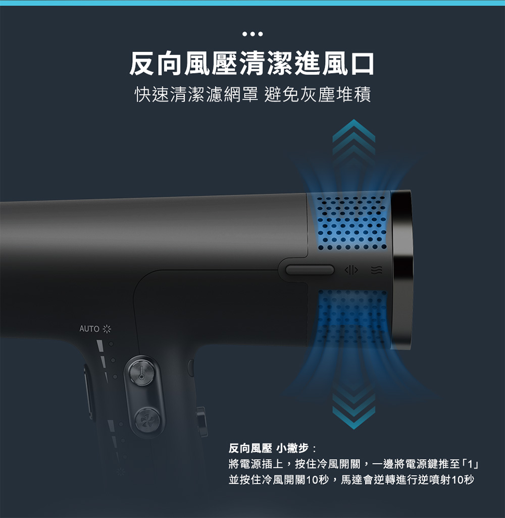 並按住冷風開關10秒,馬達會逆轉進行逆噴射10秒