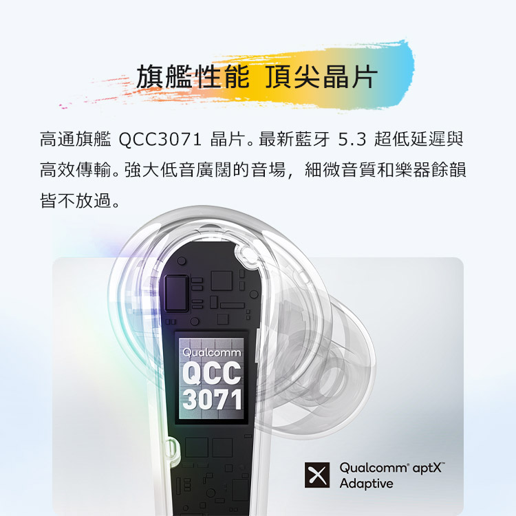 旗艦性能 頂尖晶片 高通旗艦 QCC3071 晶片。最新藍牙 5.3 超低延遲與 高效傳輸。強大低音廣闊的音場,細微音質和樂器餘韻 皆不放過。 