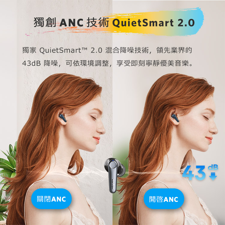 獨家 QuietSmart 2.0 混合降噪技術,領先業界的 43dB 降噪,可依環境調整,享受即刻寧靜優美音樂。 關閉ANC 開啟ANC 
