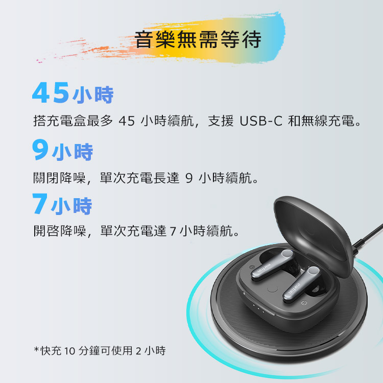 搭充電盒最多 45 小時續航,支援 USBC 和無線充電。