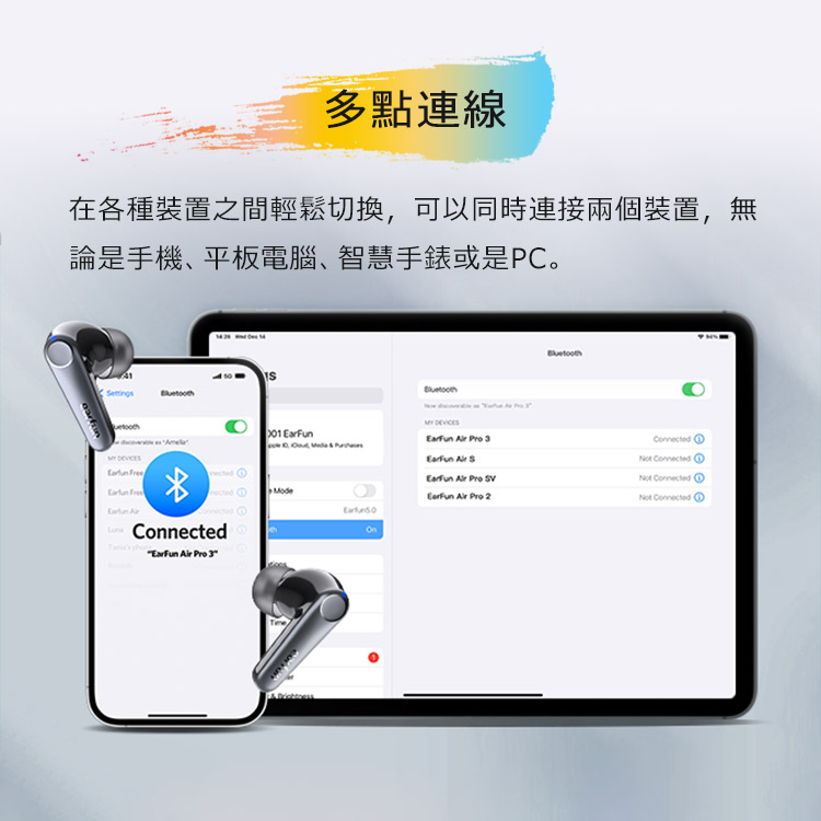多點連線 在各種裝置之間輕鬆切換,可以同時連接兩個裝置,無 論是手機、平板電腦智慧手錶或是PC。 