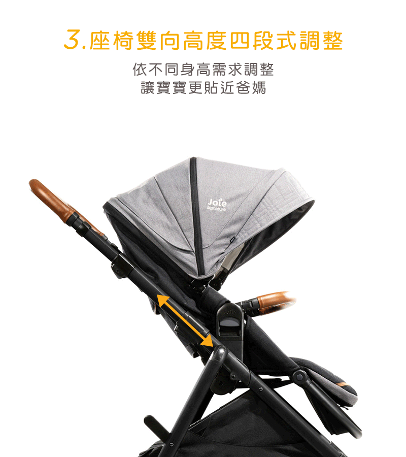 3.座椅雙向高度四段式調整 依不同身高需求調整 讓寶寶更貼近爸媽 