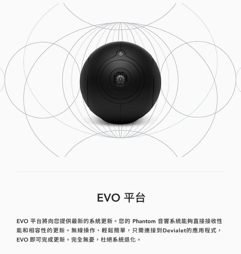 EVO 平台 EVO 平台將向您提供最新的系統更新。您的 Phantom 音響系統能夠直接接收性 能和相容性的更新。無線操作、輕鬆簡單,只需連接到Devialet的應用程式, EVO 即可完成更新。完全無憂,杜絕系統退化。 