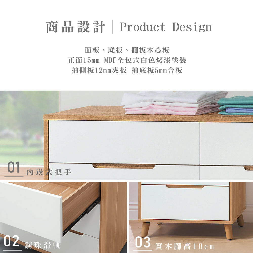 商品設計 Product Design面板、底板、側板木心板正面15mm MDF全包式白色烤漆塗裝抽側板12mm夾板 抽底板5mm合板01內崁式把手02 鋼珠滑軌03實木腳高10cm