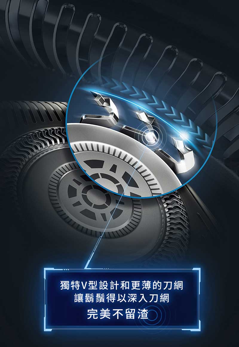 獨特V型設計和更薄的刀網 讓鬍鬚得以深入刀網 完美不留渣