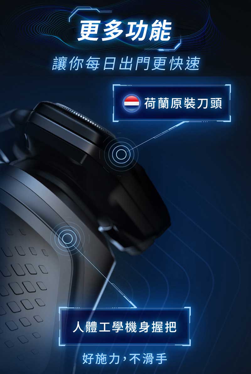 更多功能 讓你每日出門更快速 荷蘭原裝刀頭 人體工學機身握把 好施力,不滑手
