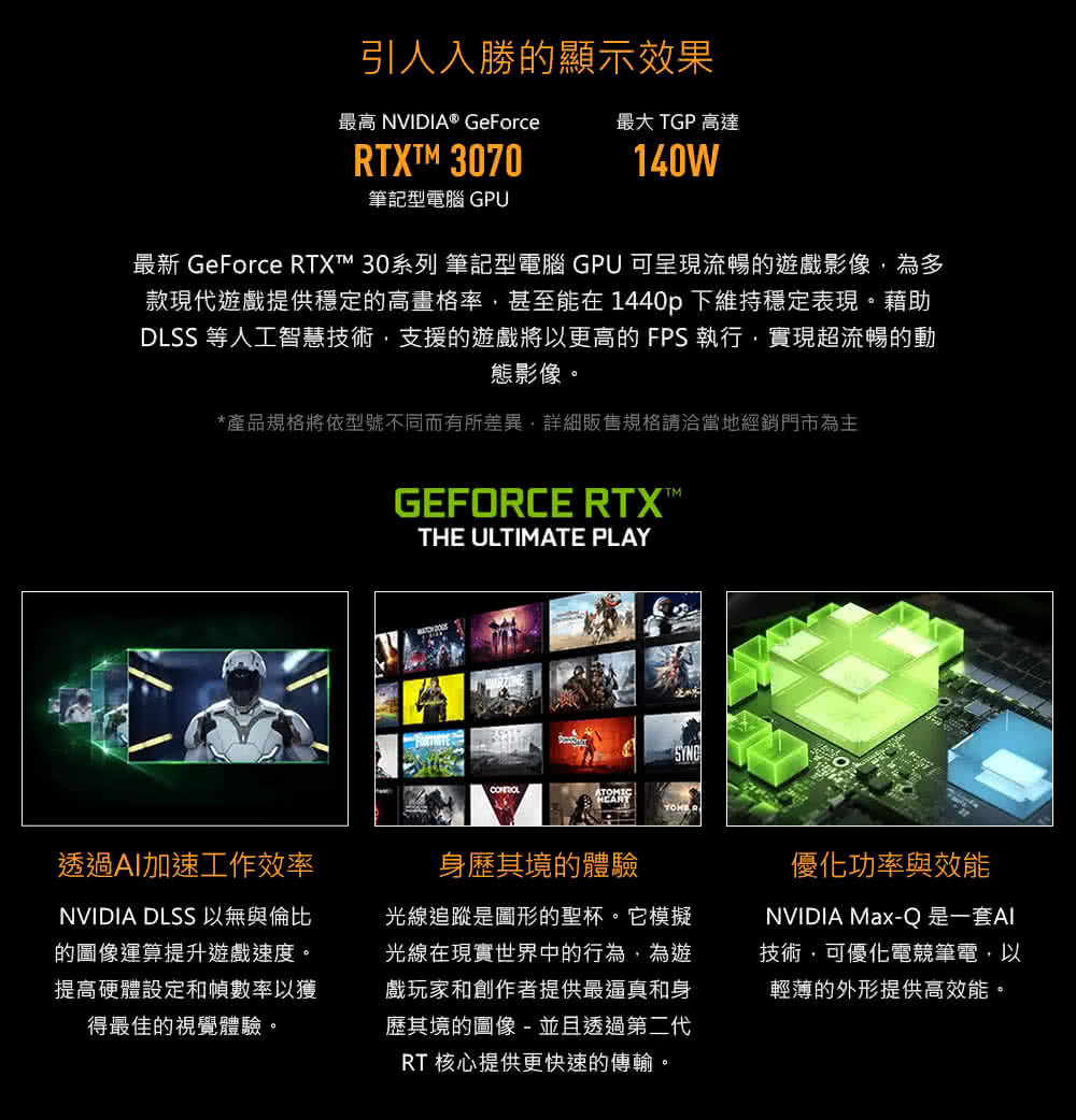 最新 GeForce RTX 30系列 筆記型電腦 GPU 可呈現流暢的遊戲影像,為多