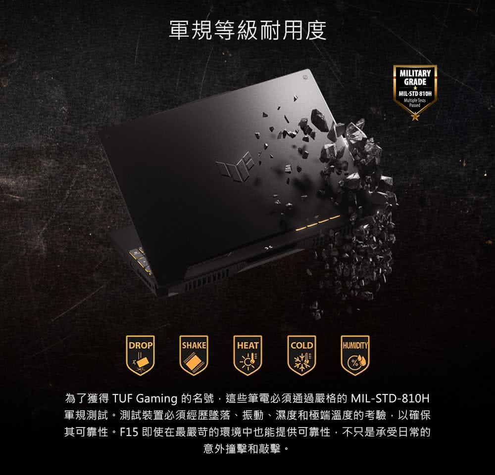 軍規等級耐用度 為了獲得 TUF Gaming 的名號,這些筆電必須通過嚴格的 MILSTD810H 軍規測試 測試裝置必須經歷墜落、振動、濕度和極端溫度的考驗,以確保 其可靠性。F15 即使在最嚴苛的環境中也能提供可靠性,不只是承受日常的 意外撞擊和敲擊。 