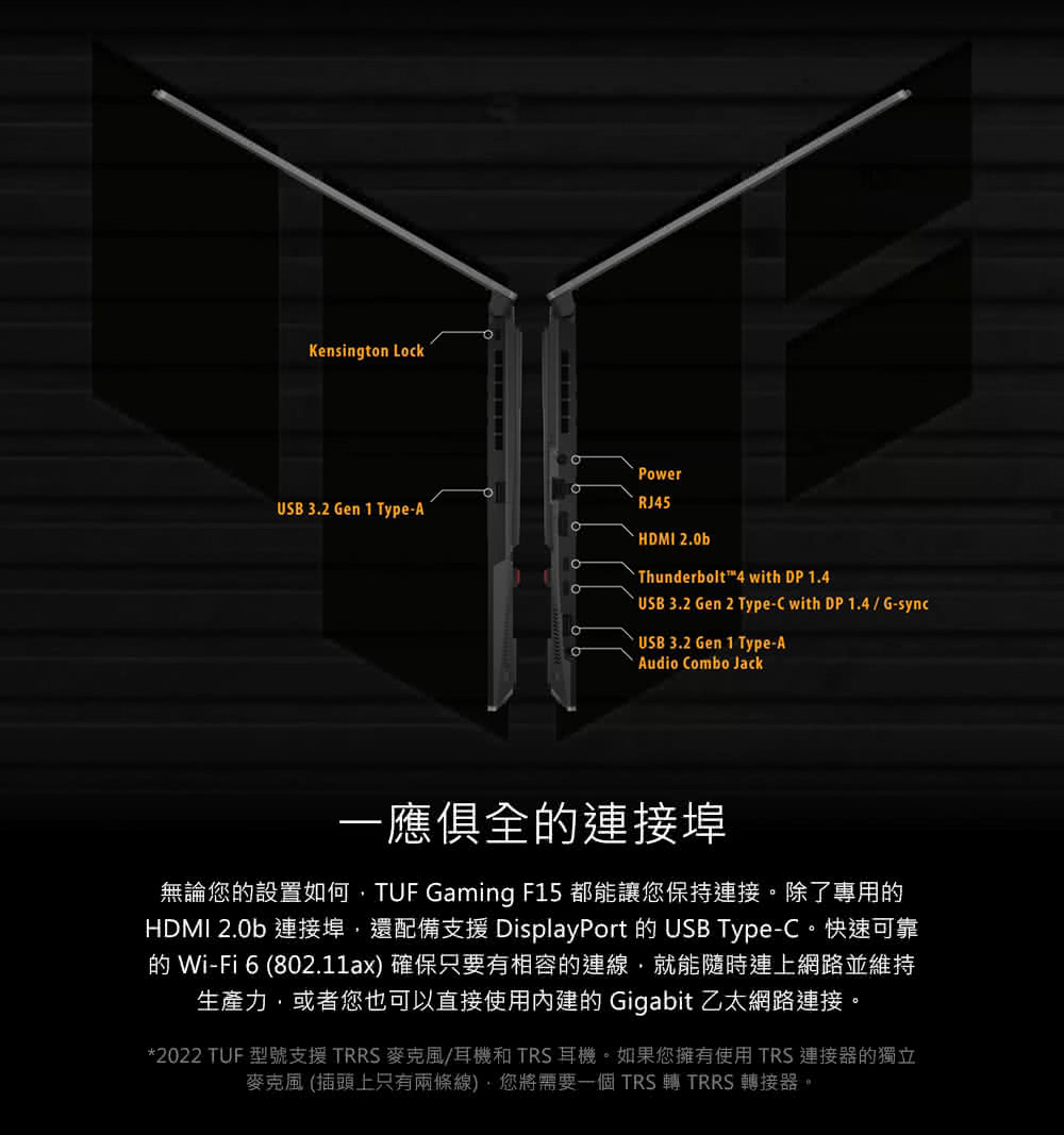 2022 TUF 型號支援 TRRS 麥克風耳機和 TRS 耳機。如果您擁有使用 TRS 連接器的獨立