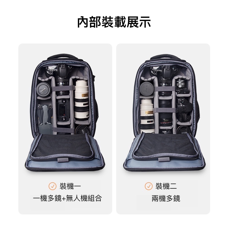 內部裝載展示 裝機一 一機多鏡無人機組合 裝機二 兩機多鏡 