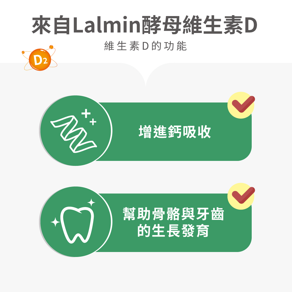來自Lalmin酵母維生素D 維生素D的功能 增進鈣吸收 幫助骨骼與牙齒 的生長發育 