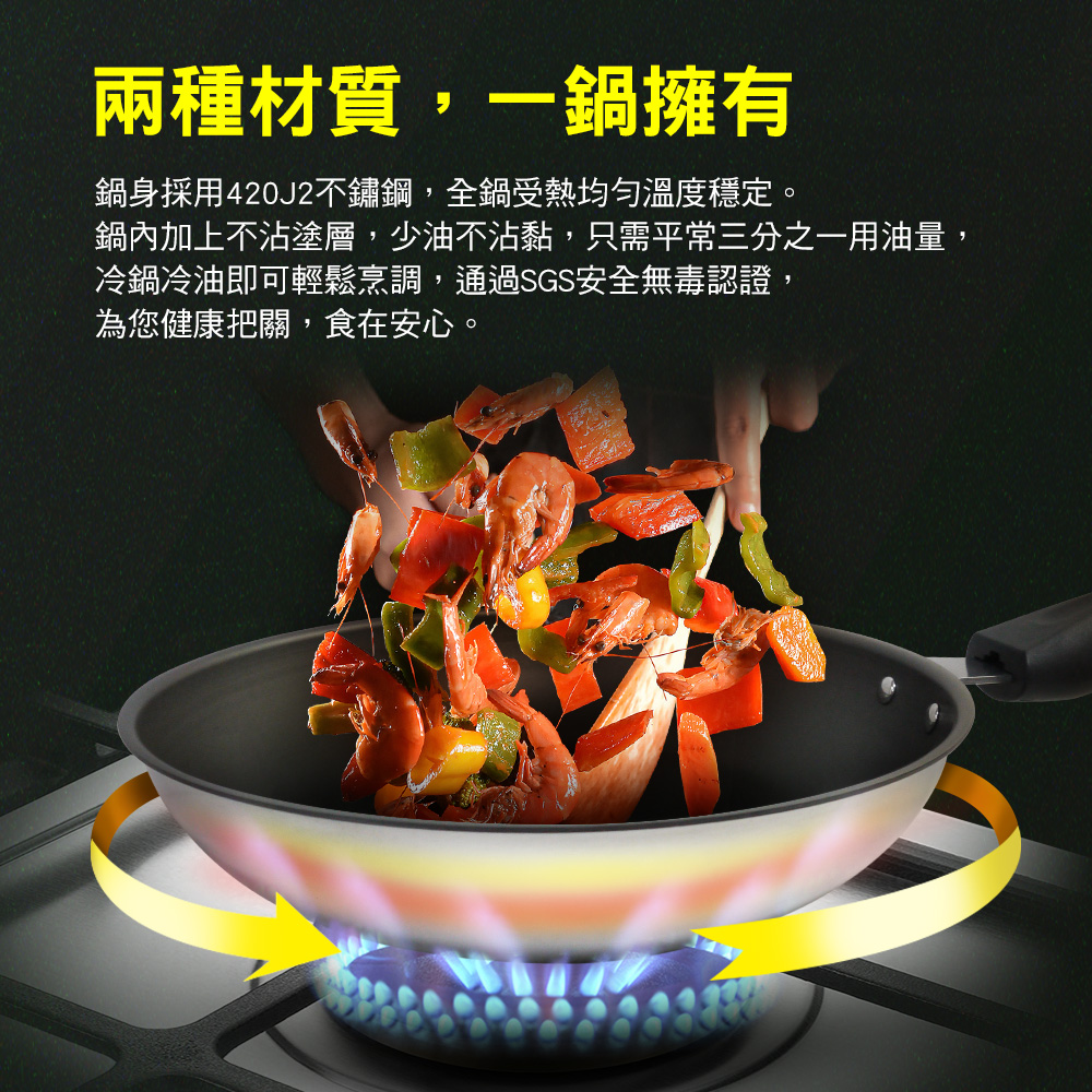 兩種材質,一鍋擁有 鍋身採用420J2不鏽鋼,全鍋受熱均勻溫度穩定。 鍋內加上不沾塗層,少油不沾黏,只需平常三分之一用油量, 冷鍋冷油即可輕鬆烹調,通過SGS安全無毒認證, 為您健康把關,食在安心。 