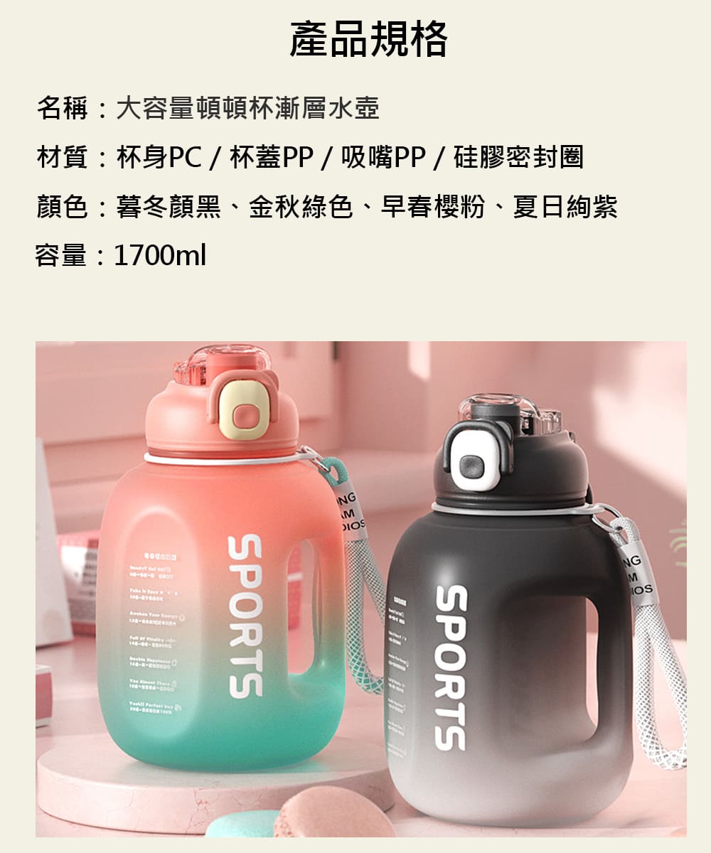 名稱大容量頓頓杯漸層水壺 材質杯身PC杯蓋PP吸嘴PP硅膠密封圈 顏色暮冬顏黑、金秋綠色、早春櫻粉、夏日絢紫 容量1700ml 產品規格 