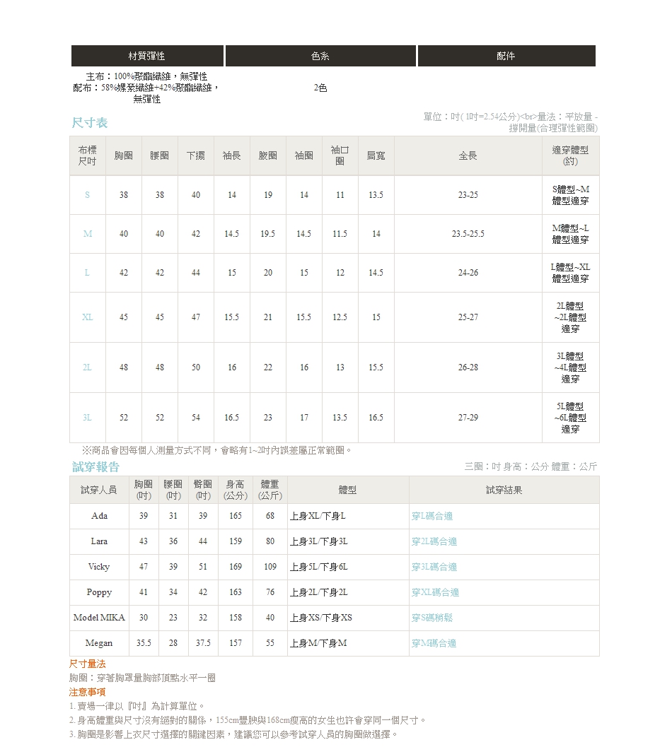 2. 身高體重與尺寸沒有絕對的關係,155cm豐腴與168cm瘦高的女生也許會穿同一個尺寸。