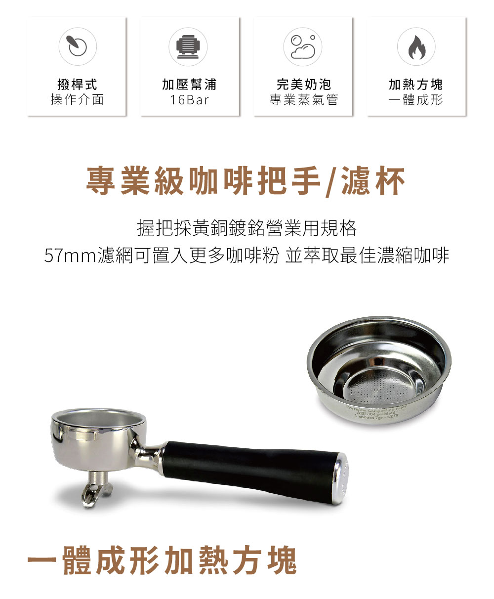 57mm濾網可置入更多咖啡粉 並萃取最佳濃縮咖啡