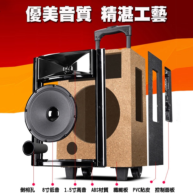 優美音質 精湛工藝 倒相孔 8寸低音 1.5寸高音 ABS材質纖維板 PVC貼皮 控制面板