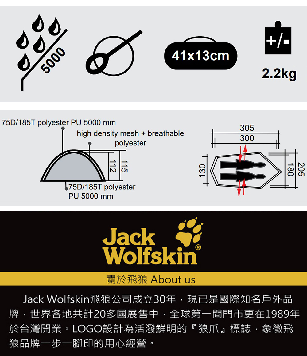 關於飛狼 About us Jack Wolfskin飛狼公司成立30年,現已是國際知名戶外品 牌,世界各地共計20多國展售中,全球第一間門市更在1989年 於台灣開業。LOGO設計為活潑鮮明的狼爪標誌,象徵飛 狼品牌一步一腳印的用心經營。 