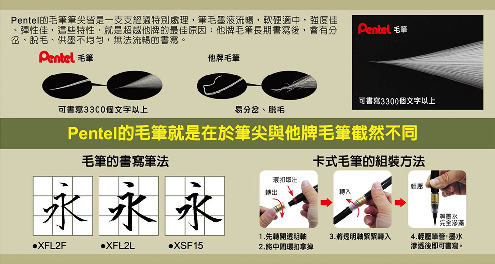 Pentel的毛筆筆尖皆是一支支經過特別處理,筆毛墨液流暢,軟硬適中,強度佳