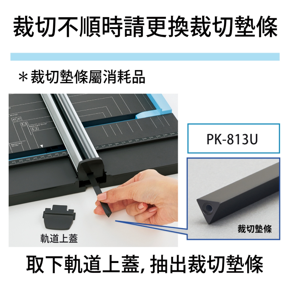裁切不順時請更換裁切墊條 裁切墊條屬消耗品 裁切墊條 軌道上蓋 取下軌道上蓋, 抽出裁切墊條 