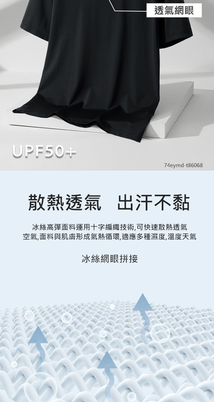 透氣網眼 散熱透氣出汗不黏 冰絲高彈面料運用十字編織技術,可快速散熱透氣 空氣,面料與肌膚形成氣熱循環,適應多種濕度,溫度天氣 冰絲網眼拼接 