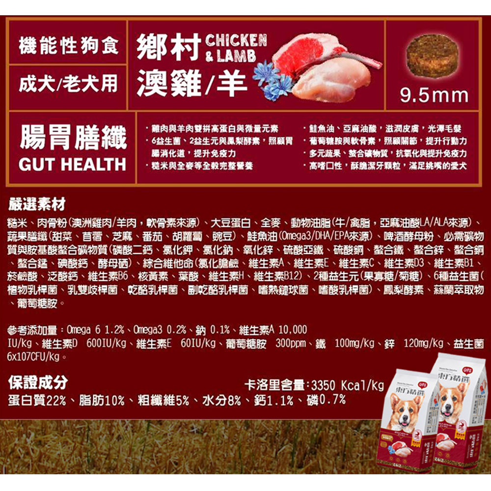IUkg、維生素D 600IUkg、維生素E 60IUkg、葡萄糖胺 300ppm、鐵 100mgkg、鋅 120mgkg、益生菌