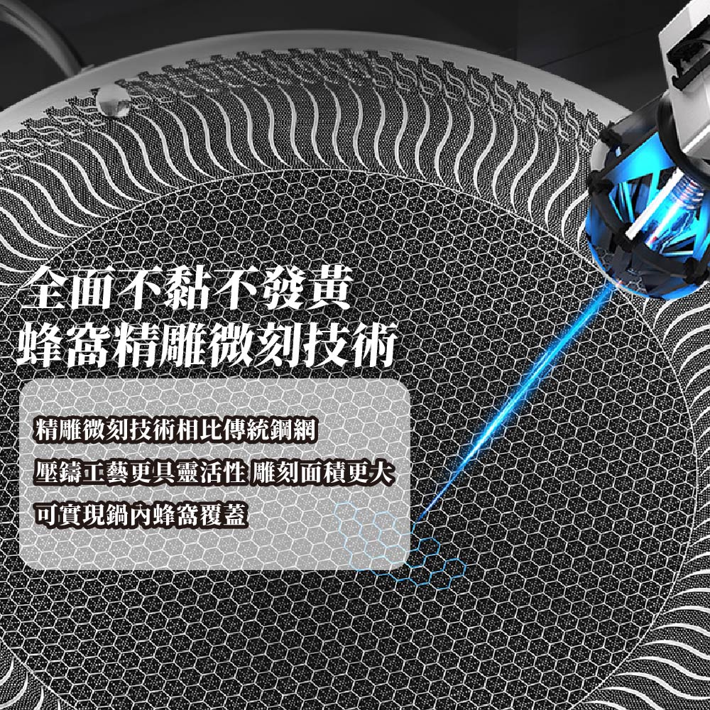 全面不黏不發黃 蜂窩精雕微刻技術 精雕微刻技術相比傳統鋼網 壓鑄工藝更具靈活性雕刻面積更大 可實現鍋內蜂窩覆蓋 