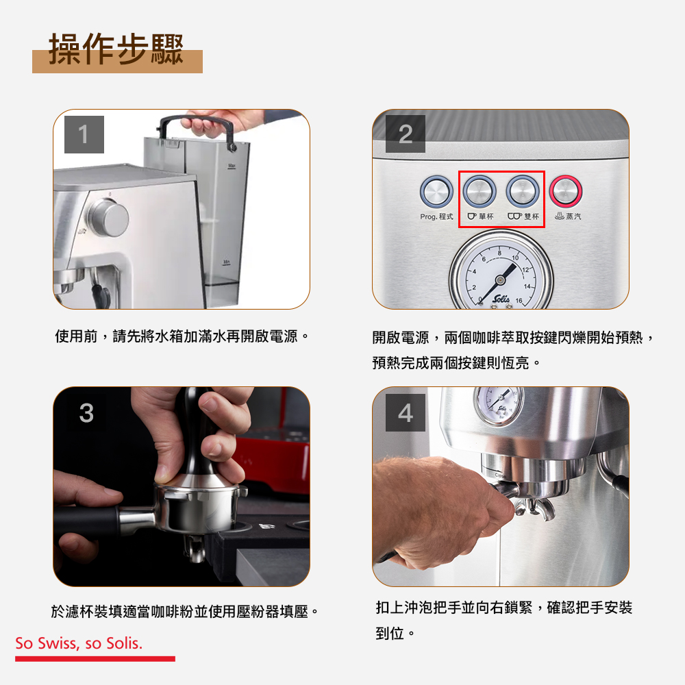 開啟電源,兩個咖啡萃取按鍵閃爍開始預熱,