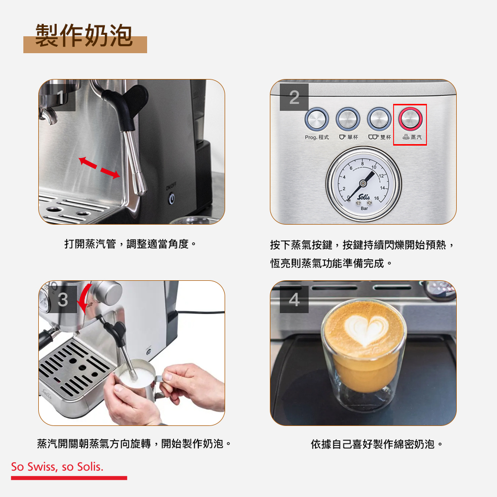蒸汽開關朝蒸氣方向旋轉,開始製作奶泡。