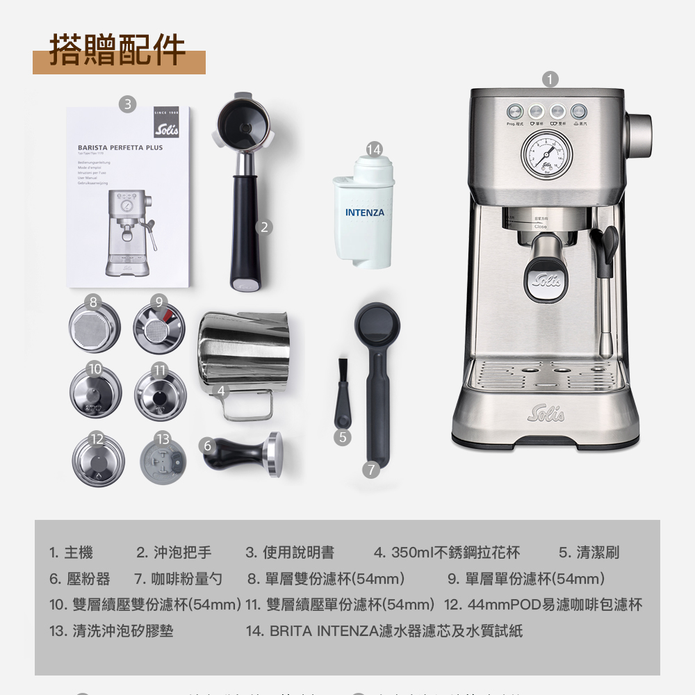 10.雙層續壓雙份濾杯54mm 11.雙層續壓單份濾杯54mm 12.44mmPOD易濾咖啡包濾杯