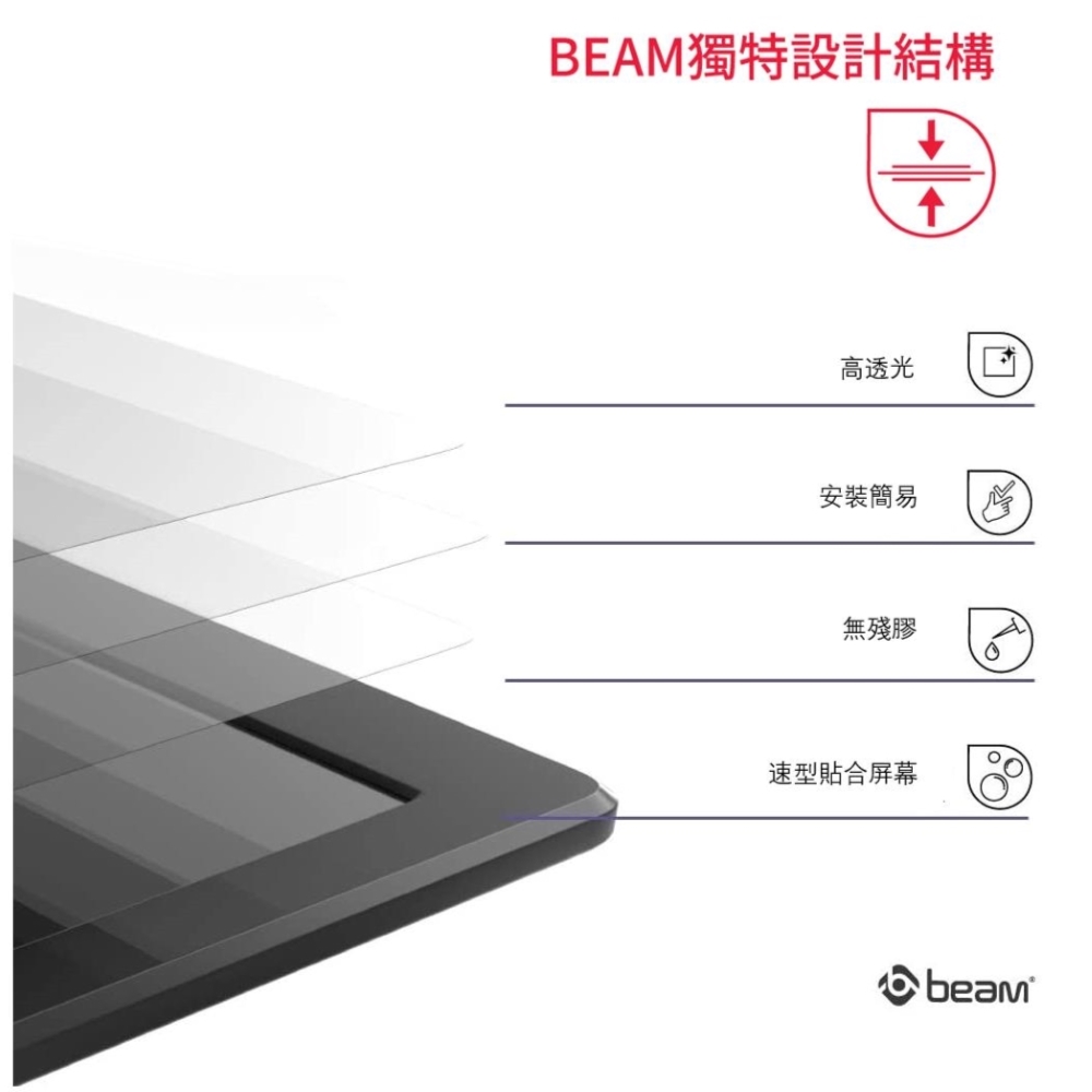 BEAM獨特設計結構 高透光 安裝簡易 無殘膠 速型貼合屏幕 