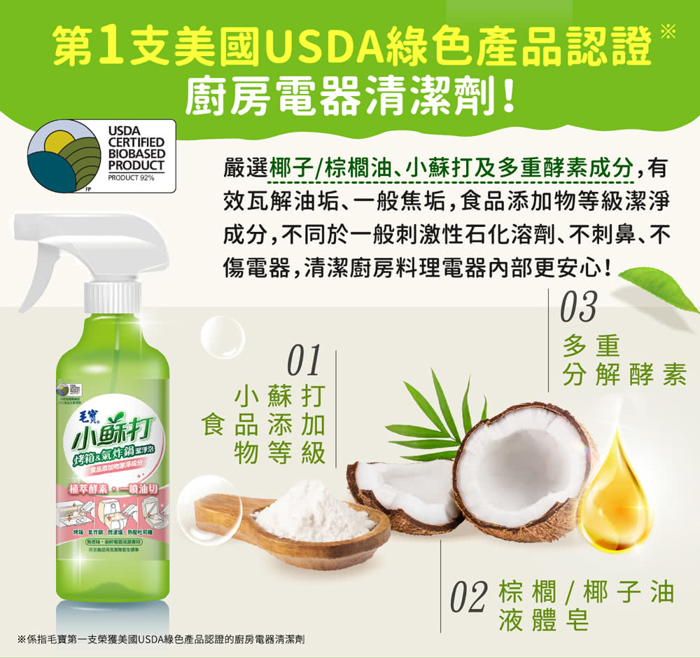 係指毛寶第一支榮獲美國USDA綠色產品認證的廚房電器清潔劑