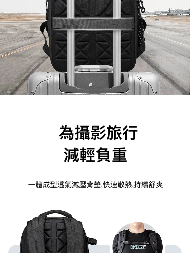 為攝影旅行 減輕負重 一體成型透氣減壓背墊,快速散熱,持續舒爽 