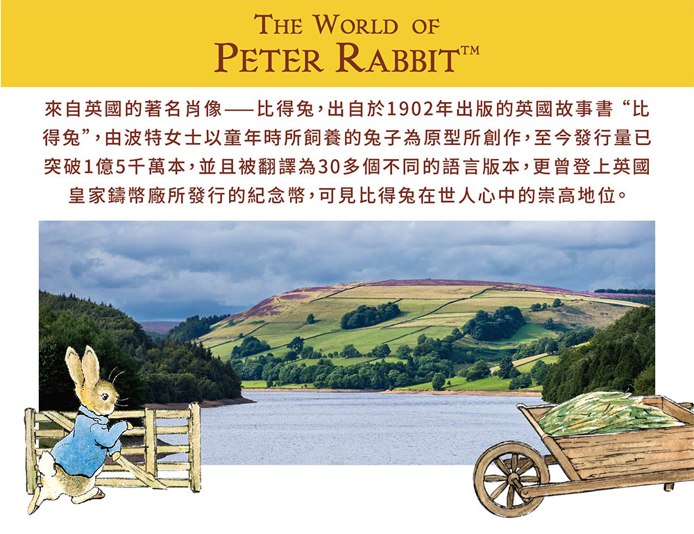 來自英國的著名肖像一比得免,出自於1902年出版的英國故事書比 得兔,由波特女士以童年時所飼養的兔子為原型所創作,至今發行量已 突破1億5千萬本,並且被翻譯為30多個不同的語言版本,更曾登上英國 皇家鑄幣廠所發行的紀念幣,可見比得兔在世人心中的崇高地位。 
