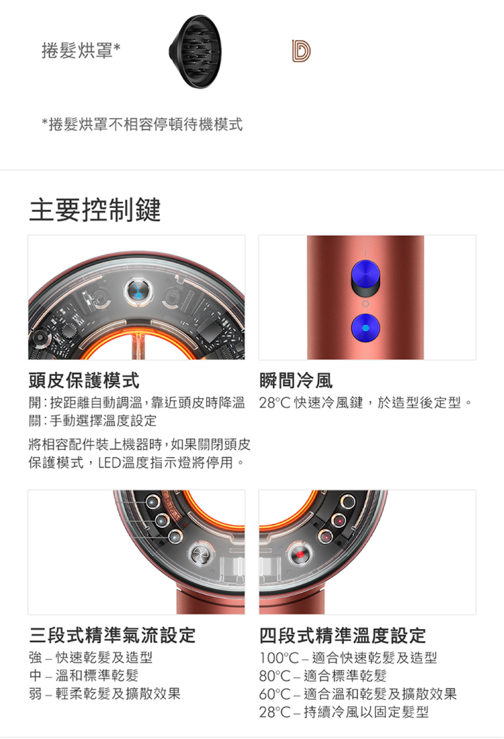 開按距離自動調溫,靠近頭皮時降溫 28C快速冷風鍵,於造型後定型。