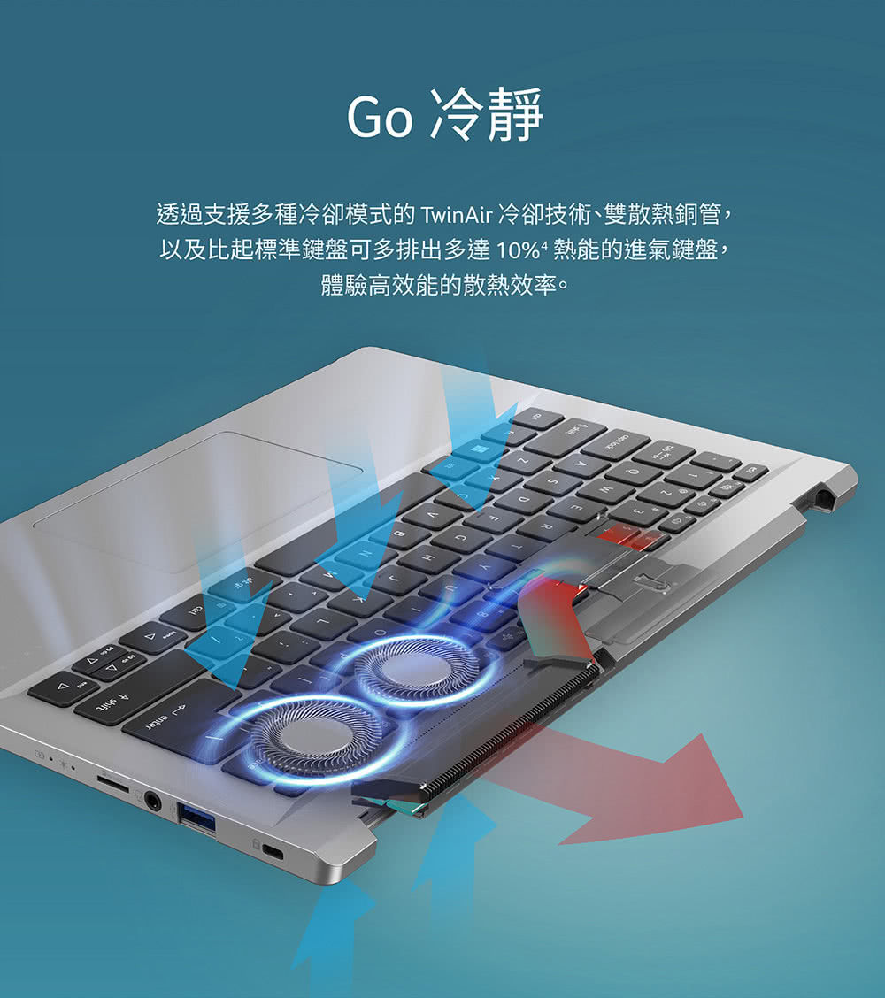 Go 冷靜 透過支援多種冷卻模式的 TwinAir 冷卻技術、雙散熱銅管, 及比起標準鍵盤可多排出多達10%熱能的進氣鍵盤, 體驗高效能的散熱效率。 一开 