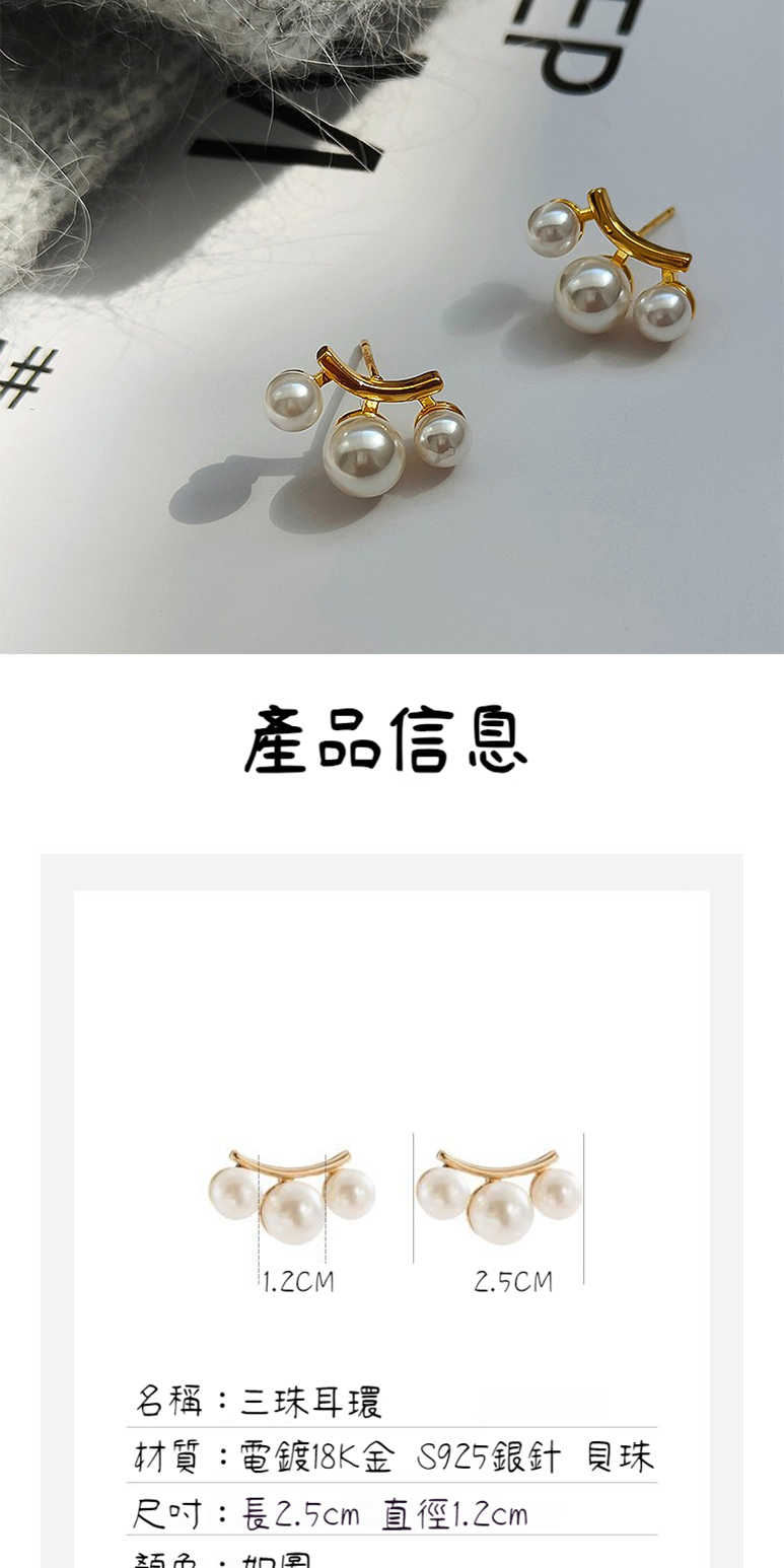 名稱三珠耳環 材質電鍍18K金 S925銀針 貝珠 尺吋長2.5cm 直徑1.2cm 站名 如啊 