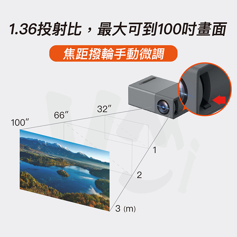 1.36投射比,最大可到100吋畫面 焦距撥輪手動微調 