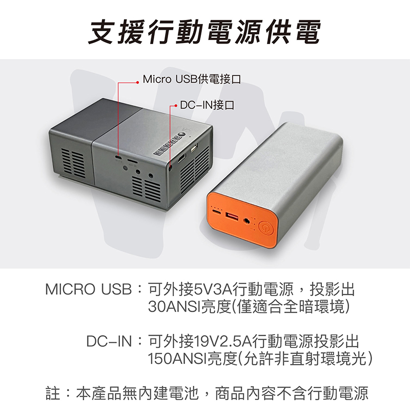 MICRO USB可外接5V3A行動電源,投影出