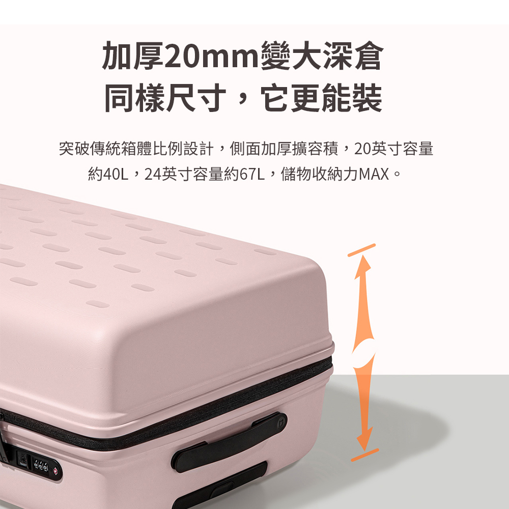 加厚20mm變大深倉 同樣尺寸,它更能裝 突破傳統箱體比例設計,側面加厚擴容積,20英寸容量 約40L,24英寸容量約67L,儲物收納力MAX。 