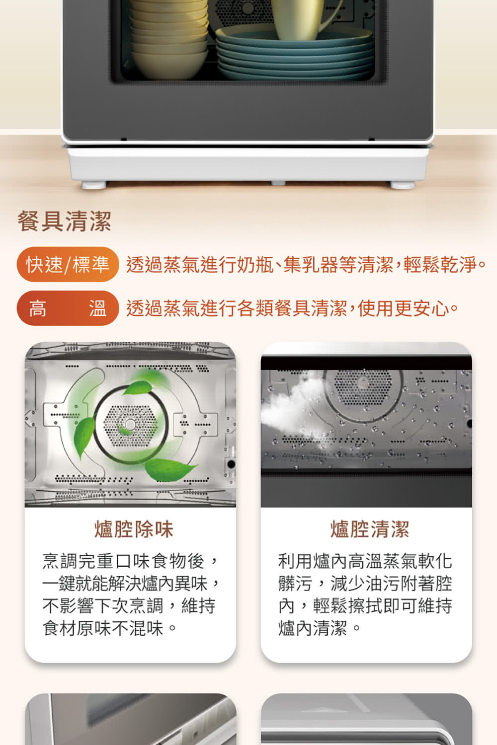 快速標準透過蒸氣進行奶瓶、集乳器等清潔,輕鬆乾淨。
