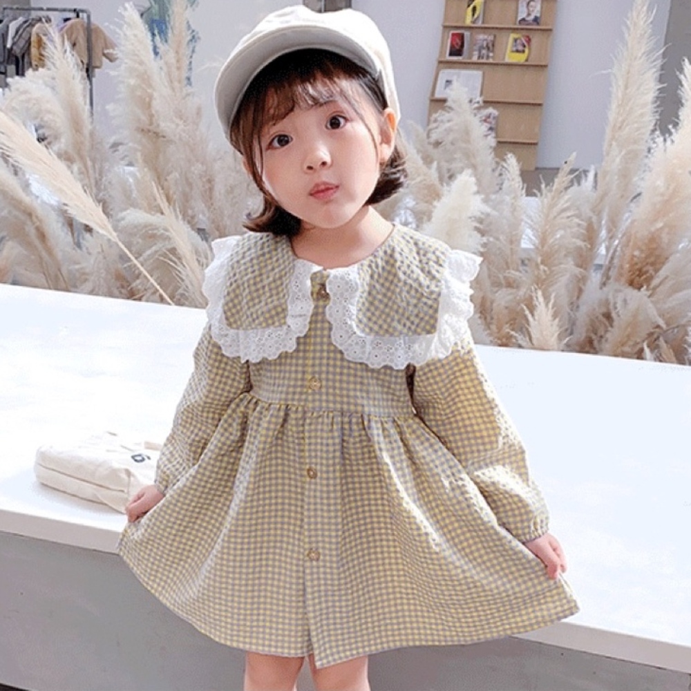 安朵童舖 現貨韓版兒童薄款長袖連身裙女童小格子公主洋裝女寶大