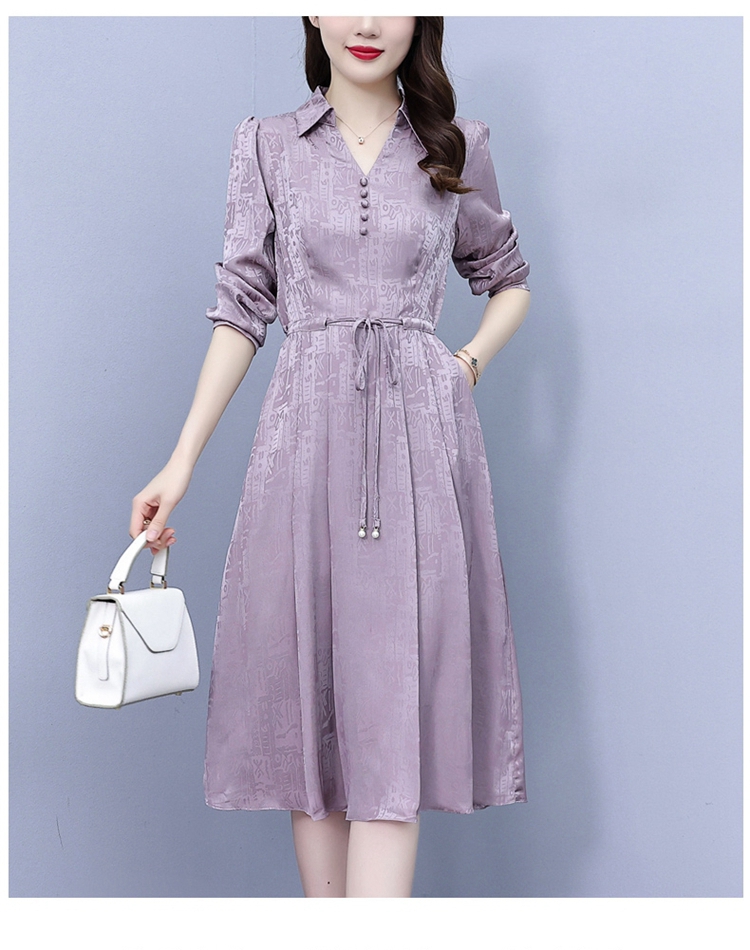 REKO 玩美衣櫃粉紫色真絲連身裙V領收腰長袖洋裝M-5XL