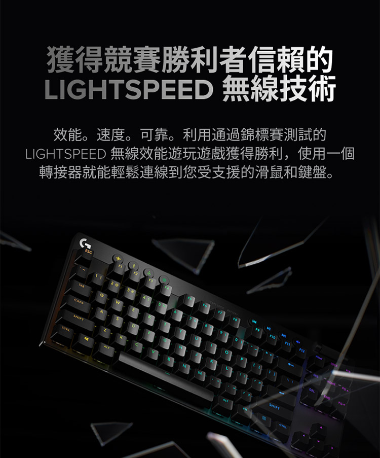 獲得競賽勝利者信賴的 LIGHTSPEED 無線技術 效能。速度。可靠。利用通過錦標賽測試的 LIGHTSPEED 無線效能遊玩遊戲獲得勝利,使用一個 轉接器就能輕鬆連線到您受支援的滑鼠和鍵盤。 