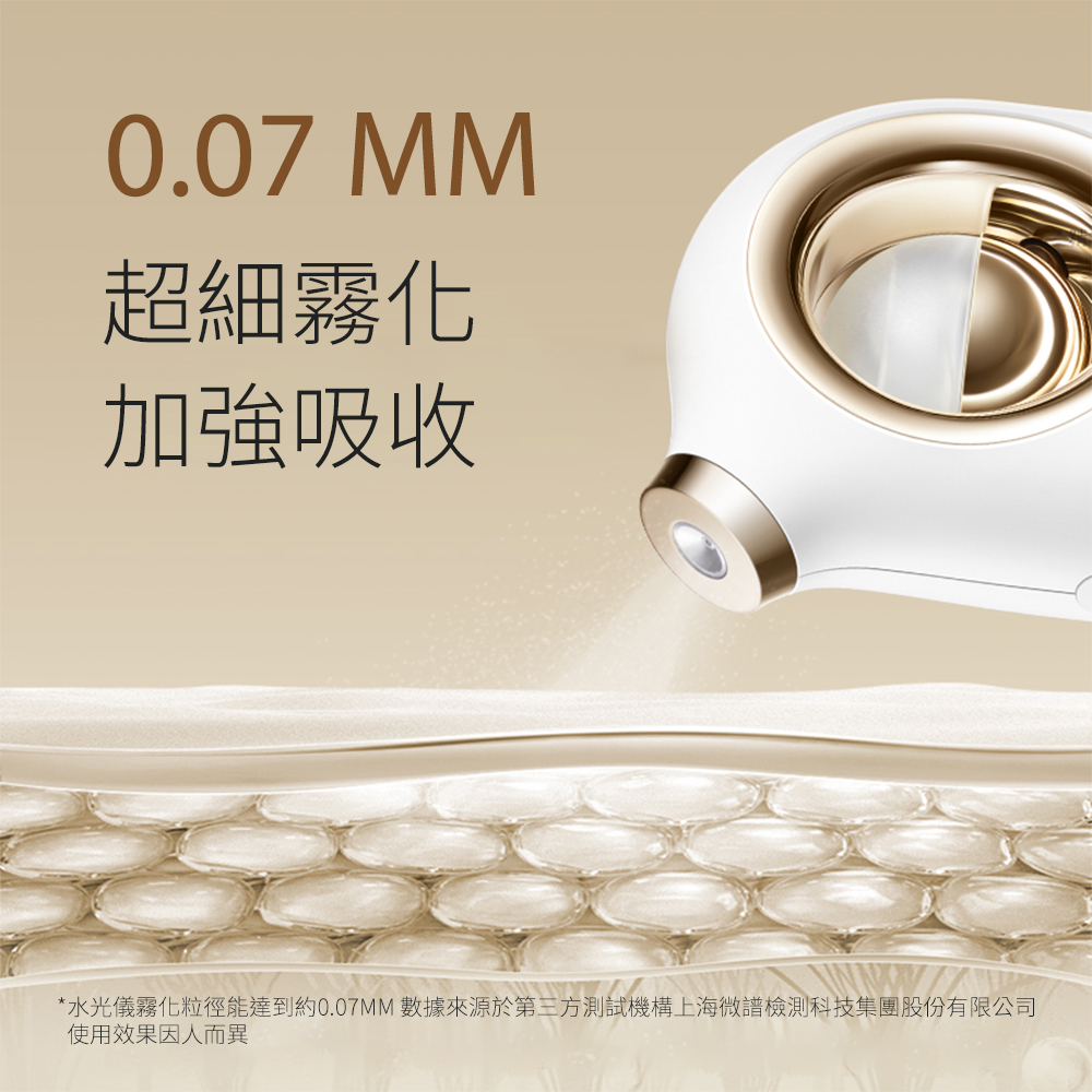 超細霧化 加強吸收 水光儀霧化粒徑能達到約0.07MM 數據來源於第三方測試機構上海微譜檢測科技集團股份有限公司 使用效果因人而異 