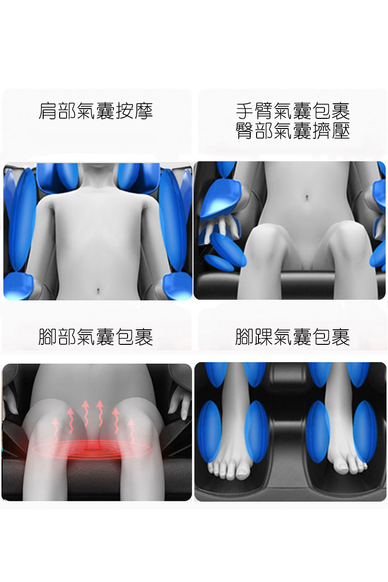 肩部氣囊按摩 腳部氣囊包裹 手臂氣囊包裹 臀部氣囊擠壓 腳踝氣囊包裹 