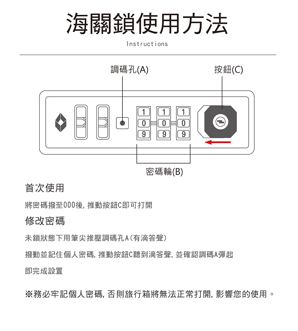 撥動並記住個人密碼, 推動按鈕C聽到滴答聲, 並確認調碼A彈起